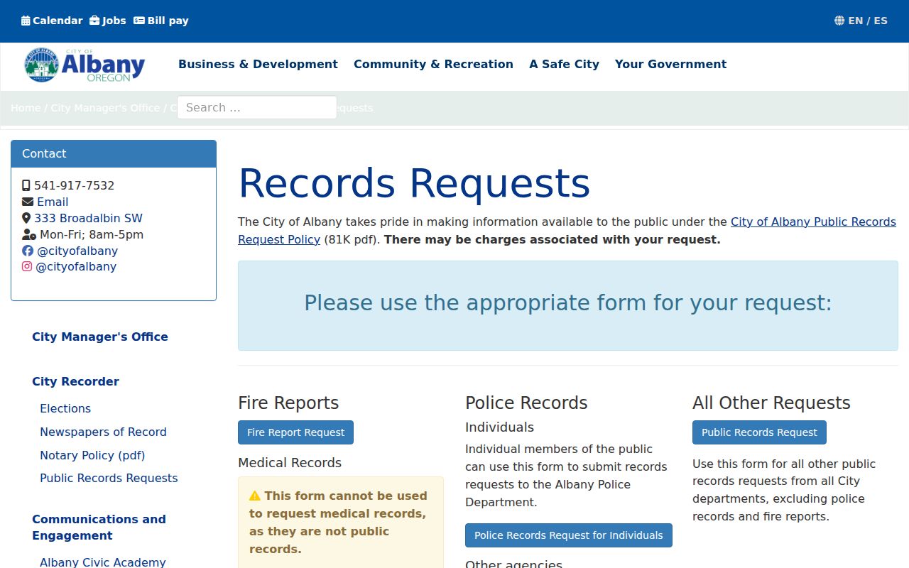 Albany residents directory City Recorder public records request route