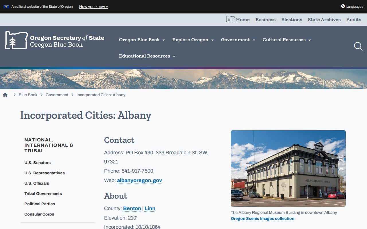 Albany residents directory Oregon Blue Book city profile